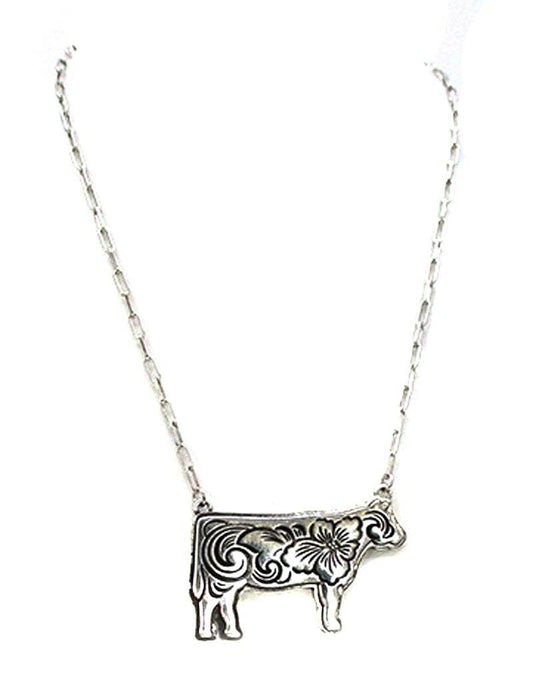 Western Etched Cow Necklace (Snowing)