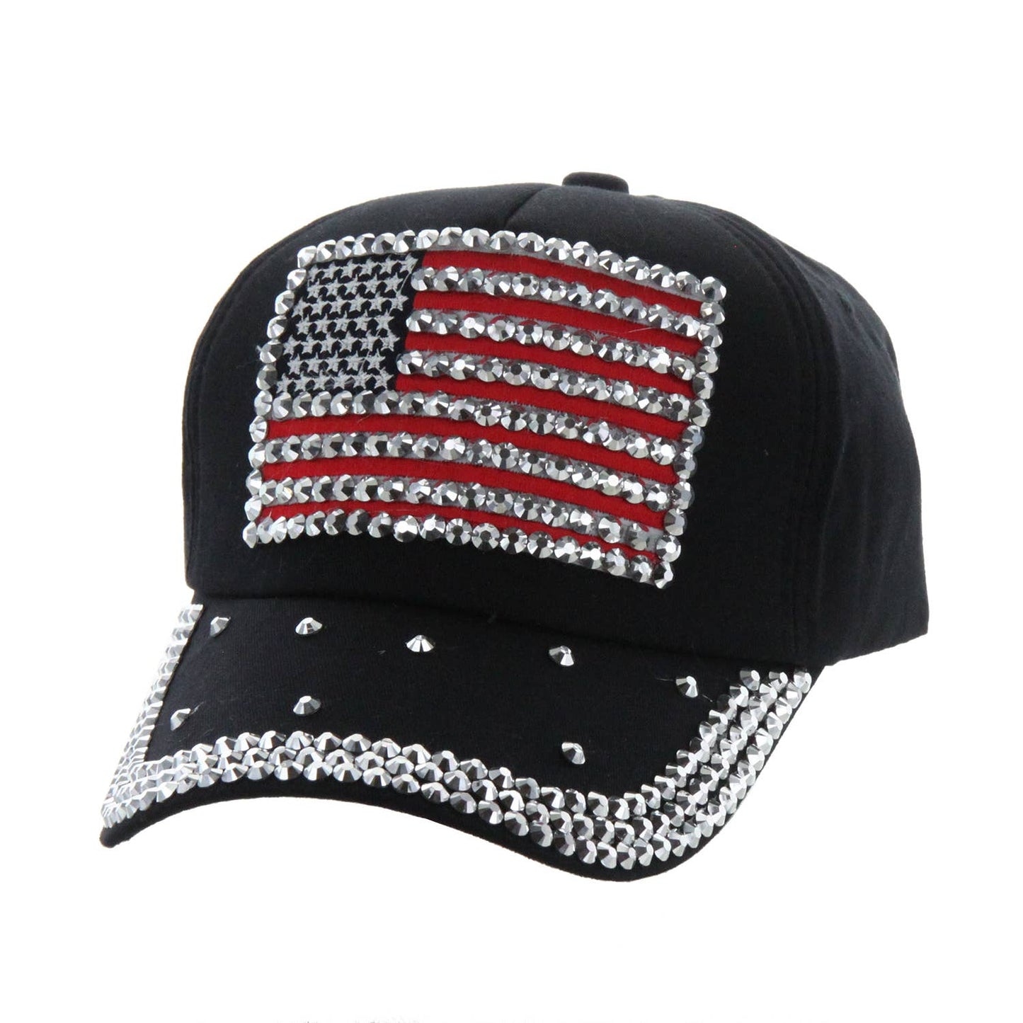 Rhinestone American Flag Denim Baseball Cap: Black
