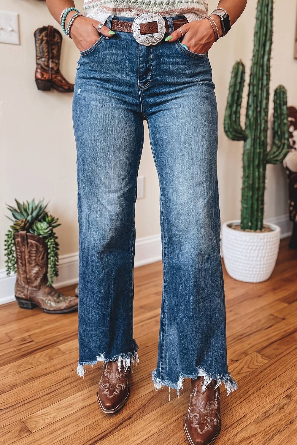 LDC Western High Waist Frayed Hem Flare Jeans: Ashleigh Blue / 10