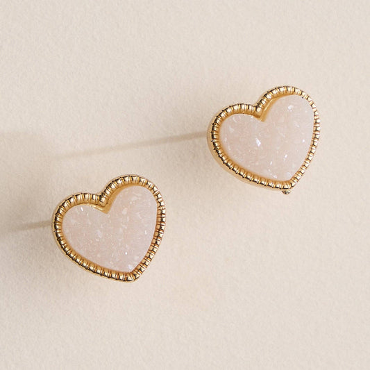 Elegant Gold-Trimmed Druzy Heart Stud Earrings: White/ Red / or Iridescent Shimmer Frem