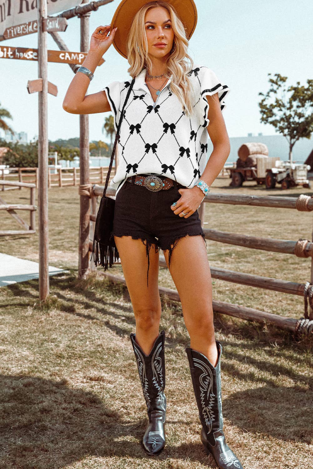 Fashion-W Preppy Vibes Bow Print Zipped Collar Sweater Tee: White with Black Bows Fashionw
