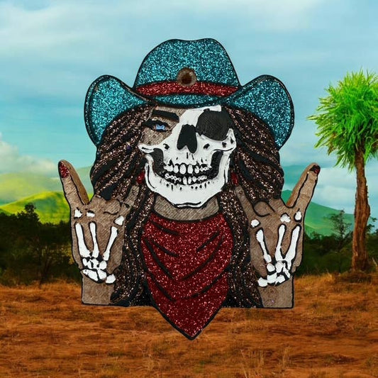 Cowgirl Skeleton Car Freshie Painted Feather