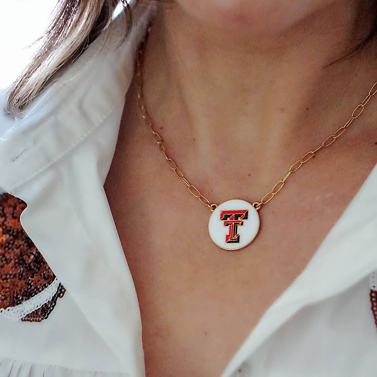 Texas Tech Red Raiders Enamel Disc Pendant Necklace in White Canvas