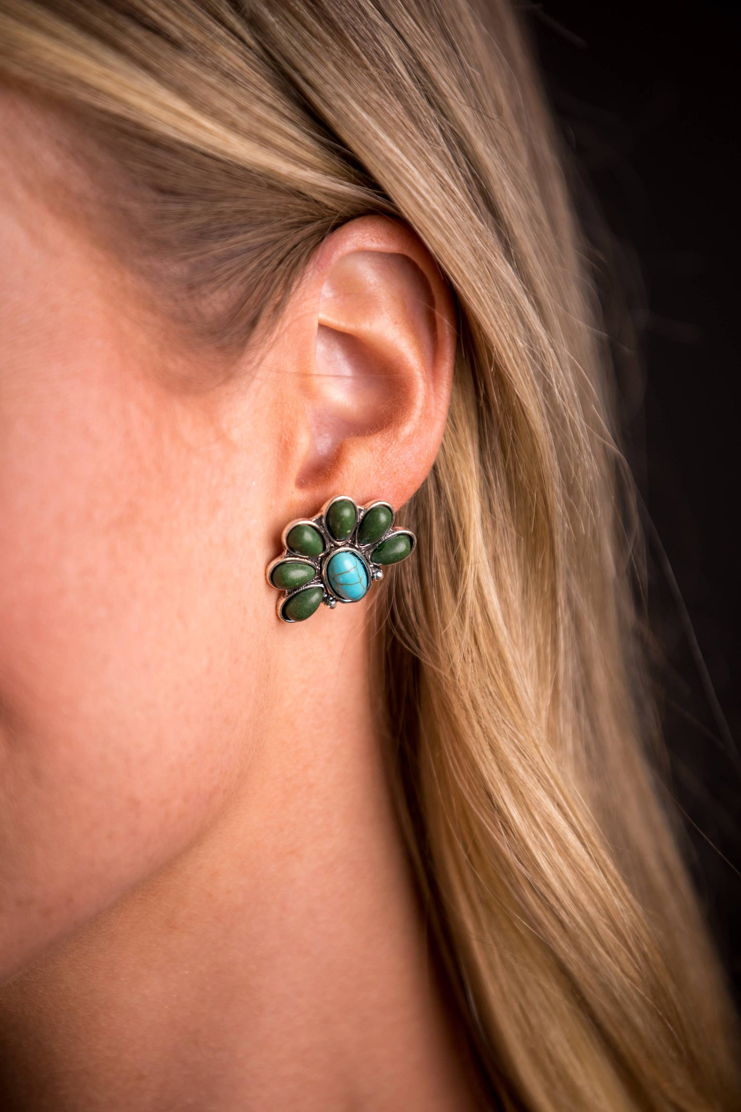 1" Turquoise and Green Half Flower Post Earring Westco