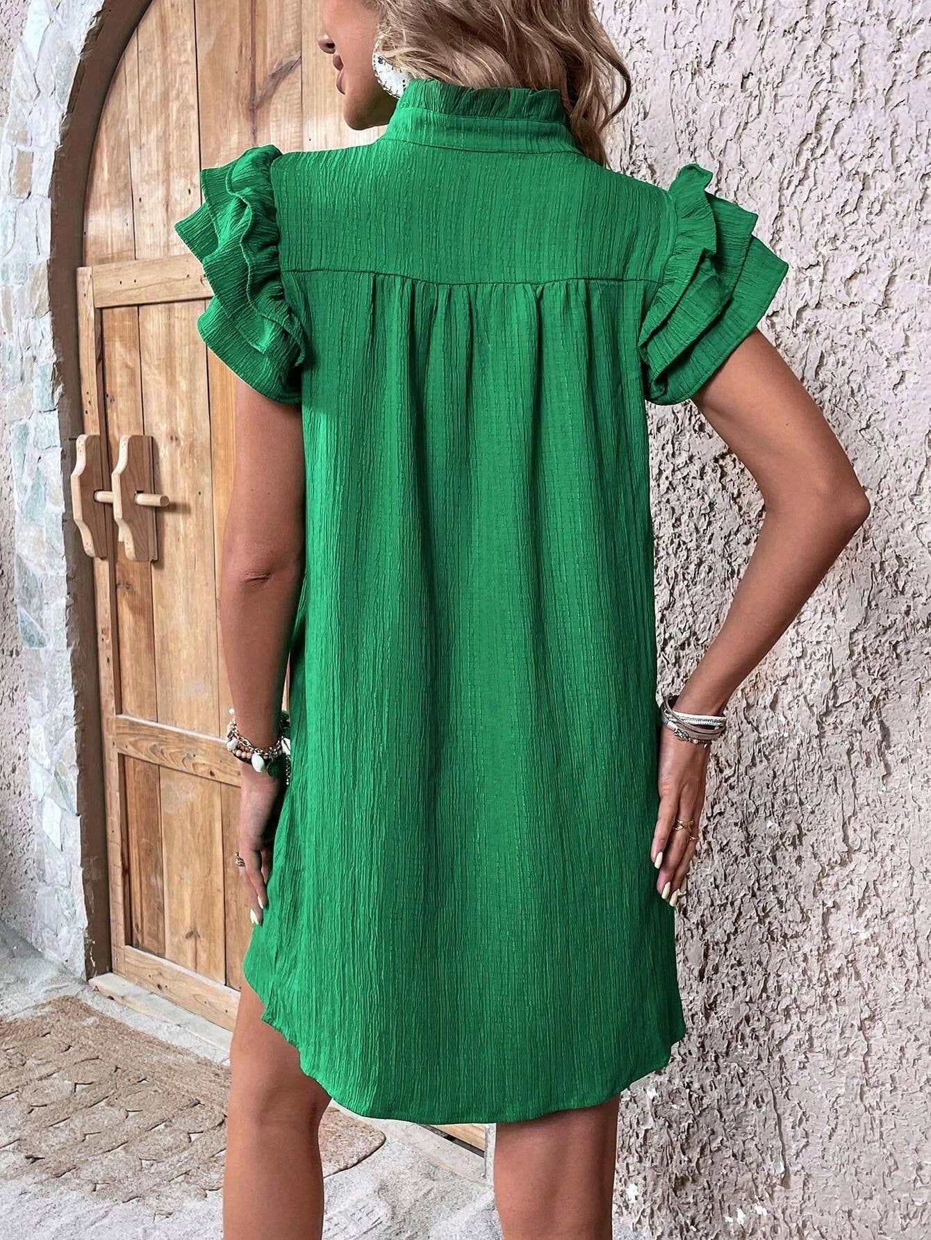 Multi-layer lotus sleeve V-neck long pullover dress: Kelly Green Lily