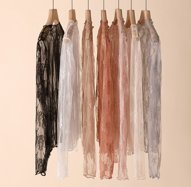Semi Sheer Mesh Floral Lace Layering See Through Top: Cream/Off White Rosa