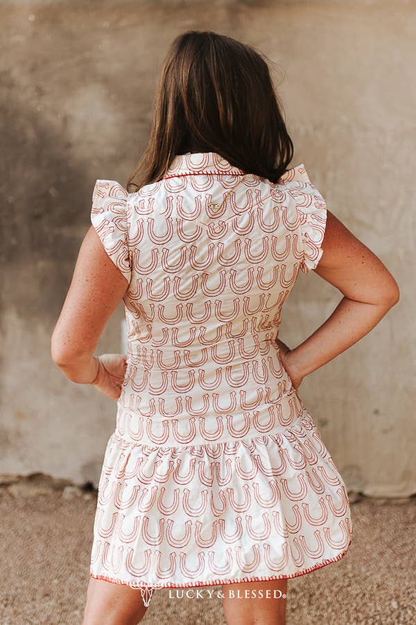 Ivory Embroidered Yoke Ruffle Sleeve Hem Button Down Dress: S