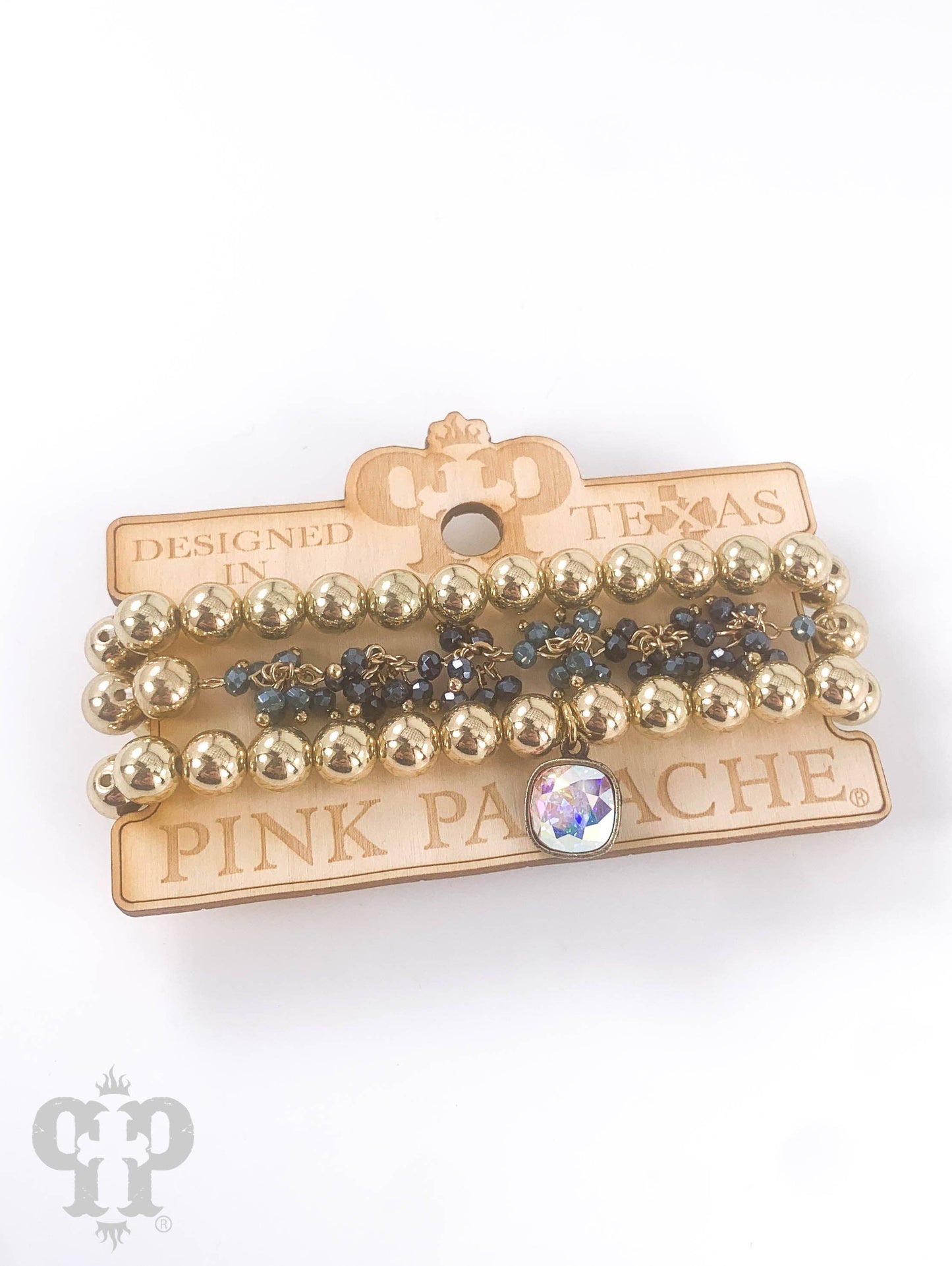 Gold and cluster bead bracelet set with Austrian crystal: Pink