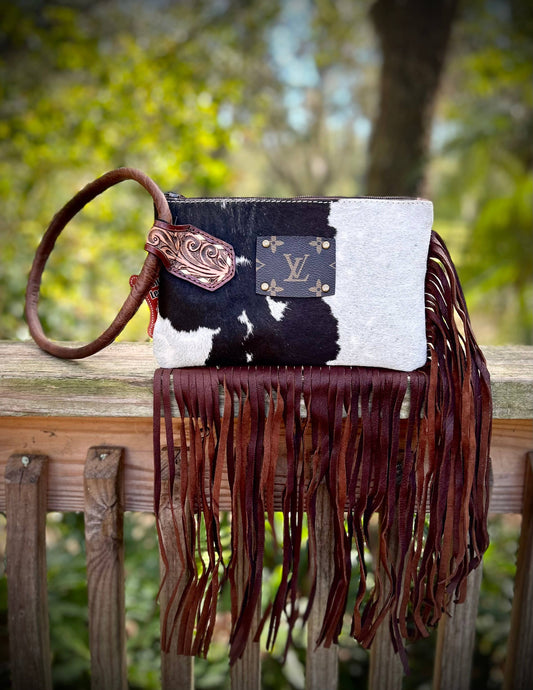 Upcycled LV Cowhide Leather Fringe Wristlet Wallet Bag Boho Southern Junkie