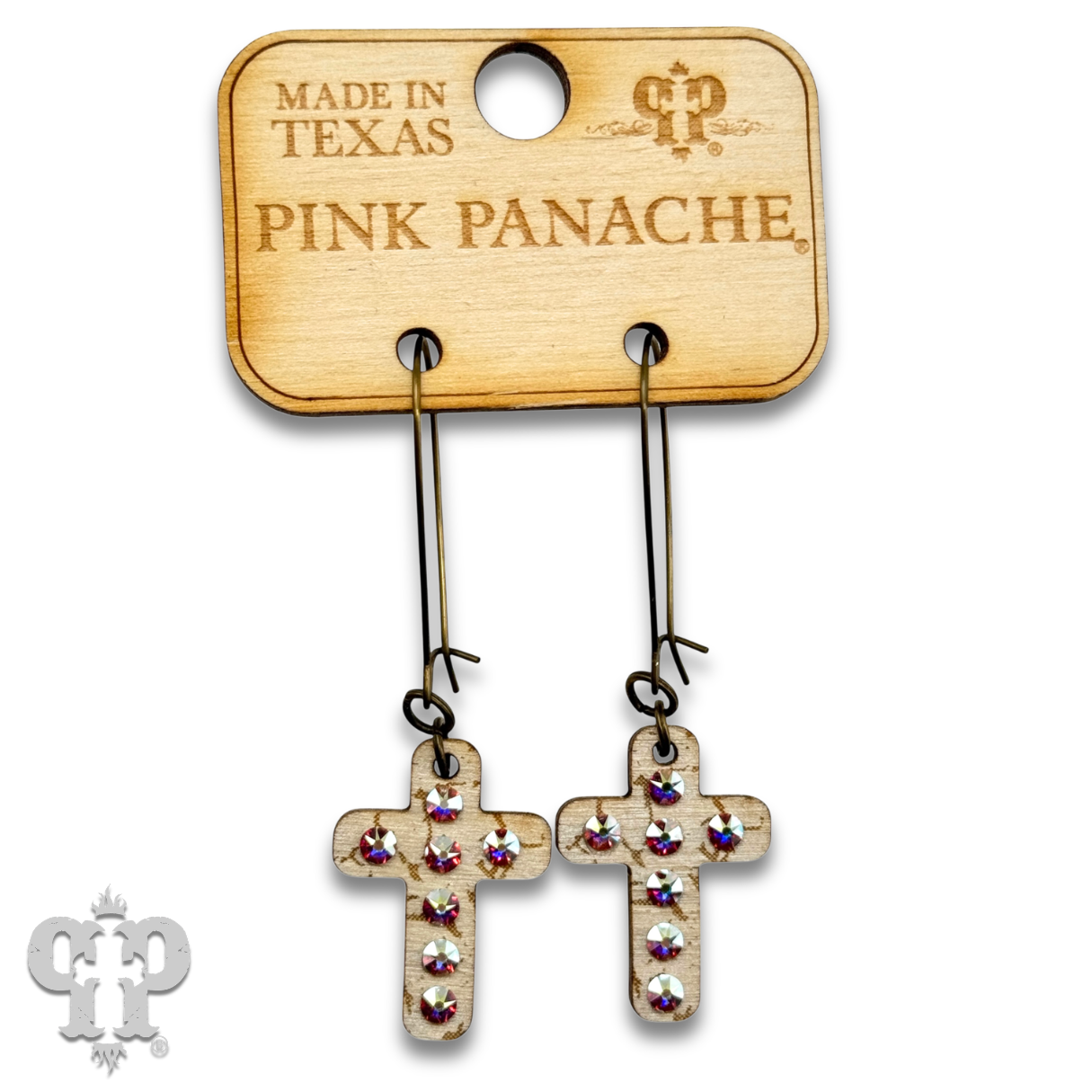 Mini wood cross earring with Austrian crystals: Pink
