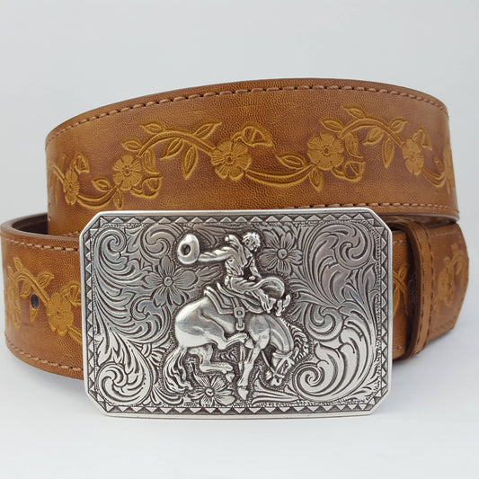 Silver Rodeo Buckle with Vintage floral tooled belt: Tan Axesoria
