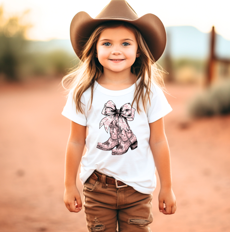 Toile Cowboy Pink Boots Western Rodeo Girls Tee Shirt: White