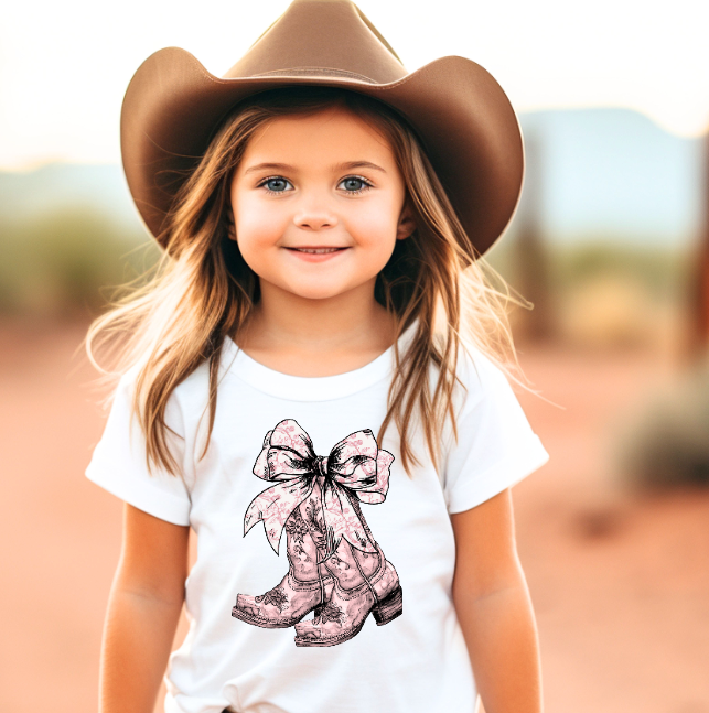 Toile Cowboy Pink Boots Western Rodeo Girls Tee Shirt: White Long Sleeves Avary Mae