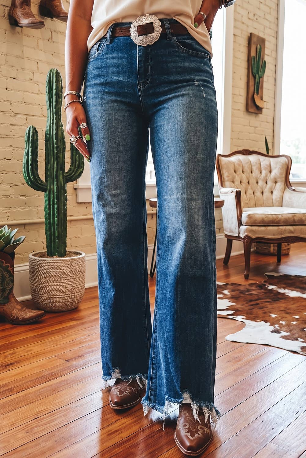 LDC Western High Waist Frayed Hem Flare Jeans: Ashleigh Blue / 10