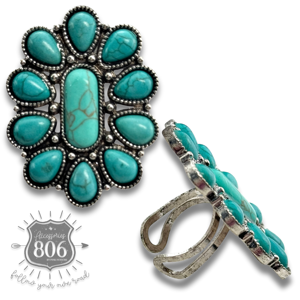 Turquoise color oval flower ring - LC: Turquoise