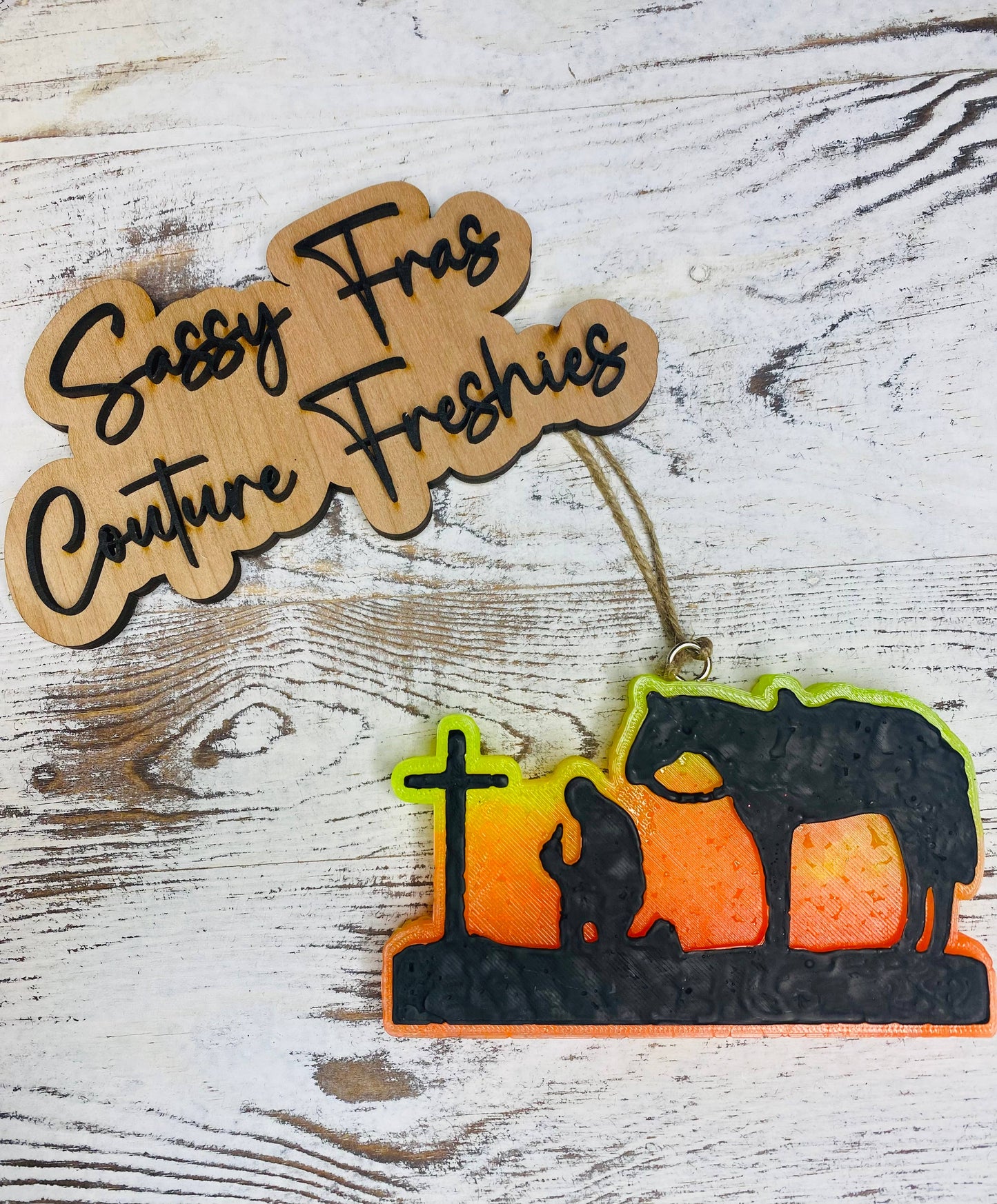 Cowboy Kneeling at Cross Car Freshie: High Maintenance