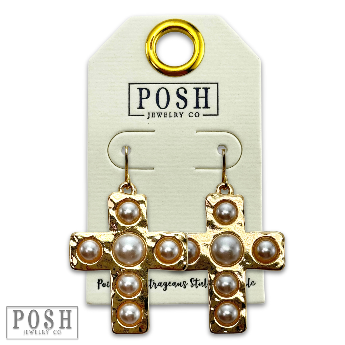 Pearl bead cross earring: Gold