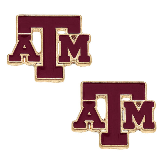 Texas A&M Aggies Enamel Logo Stud Earrings in Shiny Gold Canvas