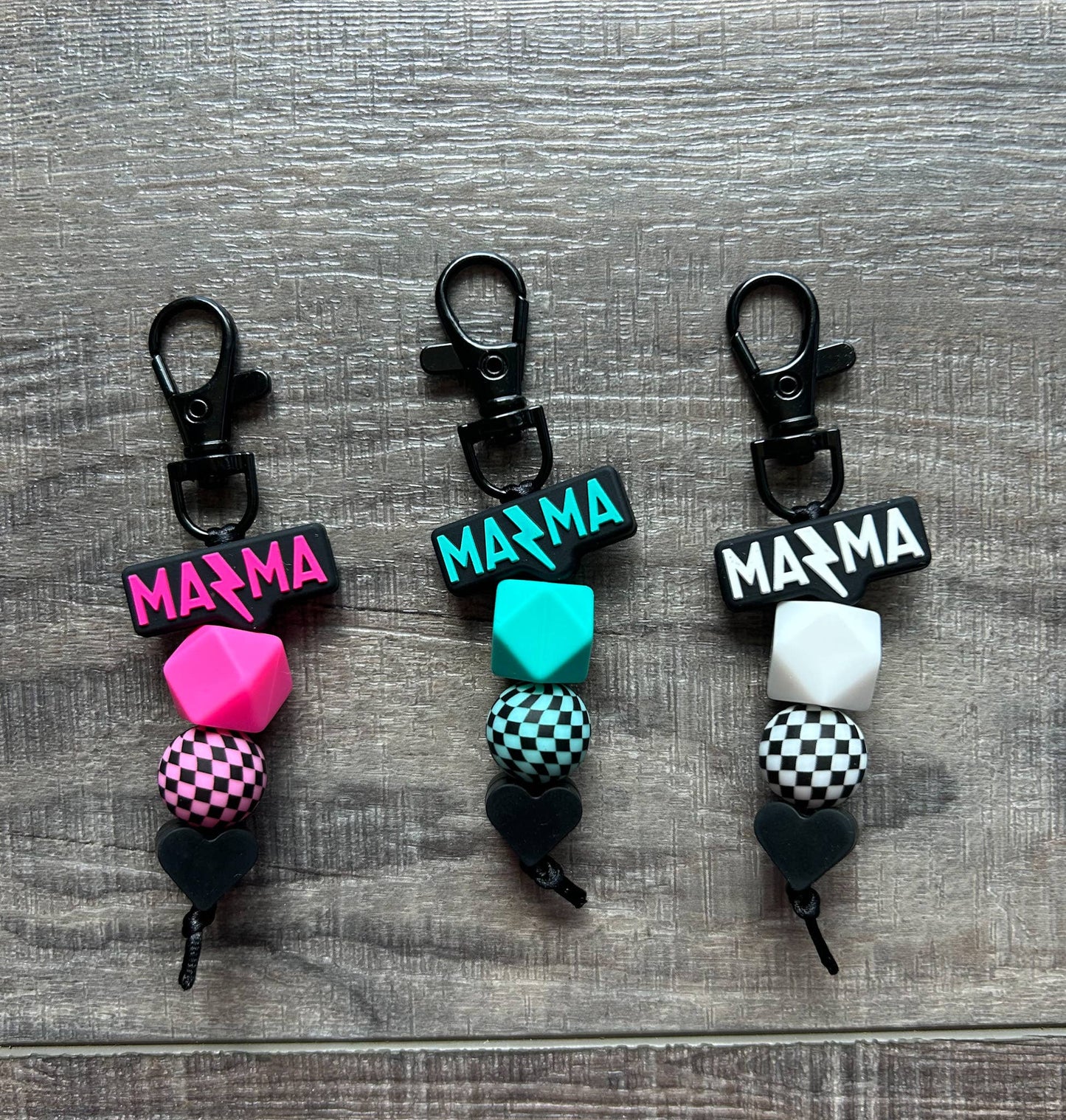 Lightening Bolt MAMA Silicone Beaded Keychain Purse Charm: JInk Tx/ Fl