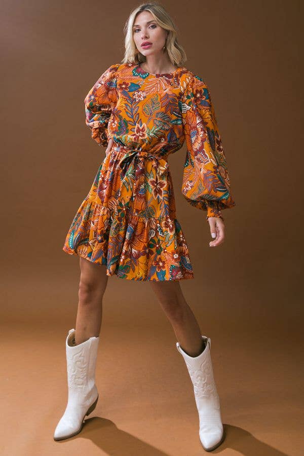 A printed woven mini dress - ID20406: MUSTARD / Contemporary / Small Flying Tomato