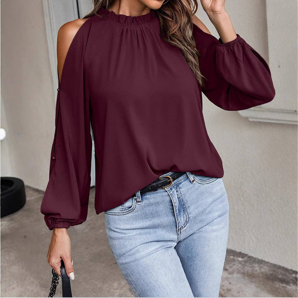 Ruffle Mock Neck Cold Shoulder Chiffon Blouse: Black / 95%Polyester5%Spande / S