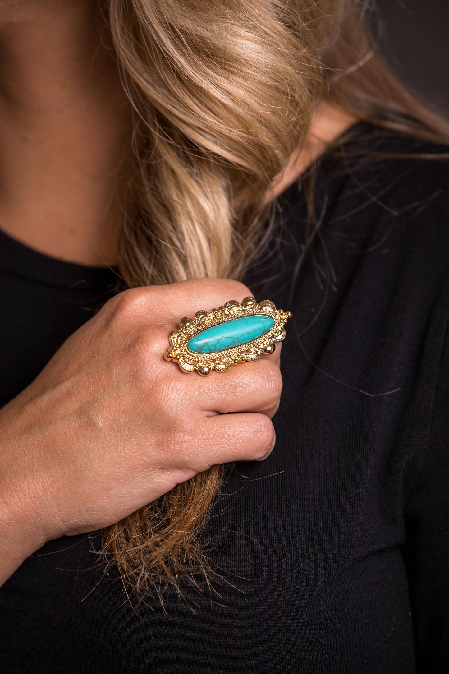 Adjustable Elongated Gold and Turquoise Ring Westco