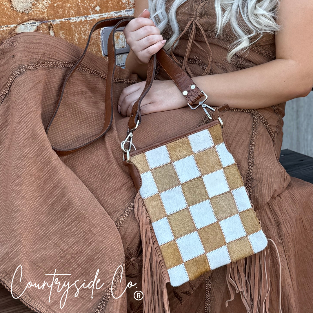 Stockdale Checkered Cowhide Fringe Purse, Brown & White Texas Western Cowhide