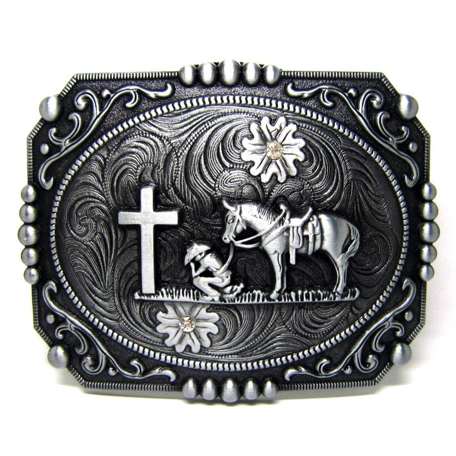 Antique Silver Praying Cowboy with Rhinestones Belt Buckle Antique Silver