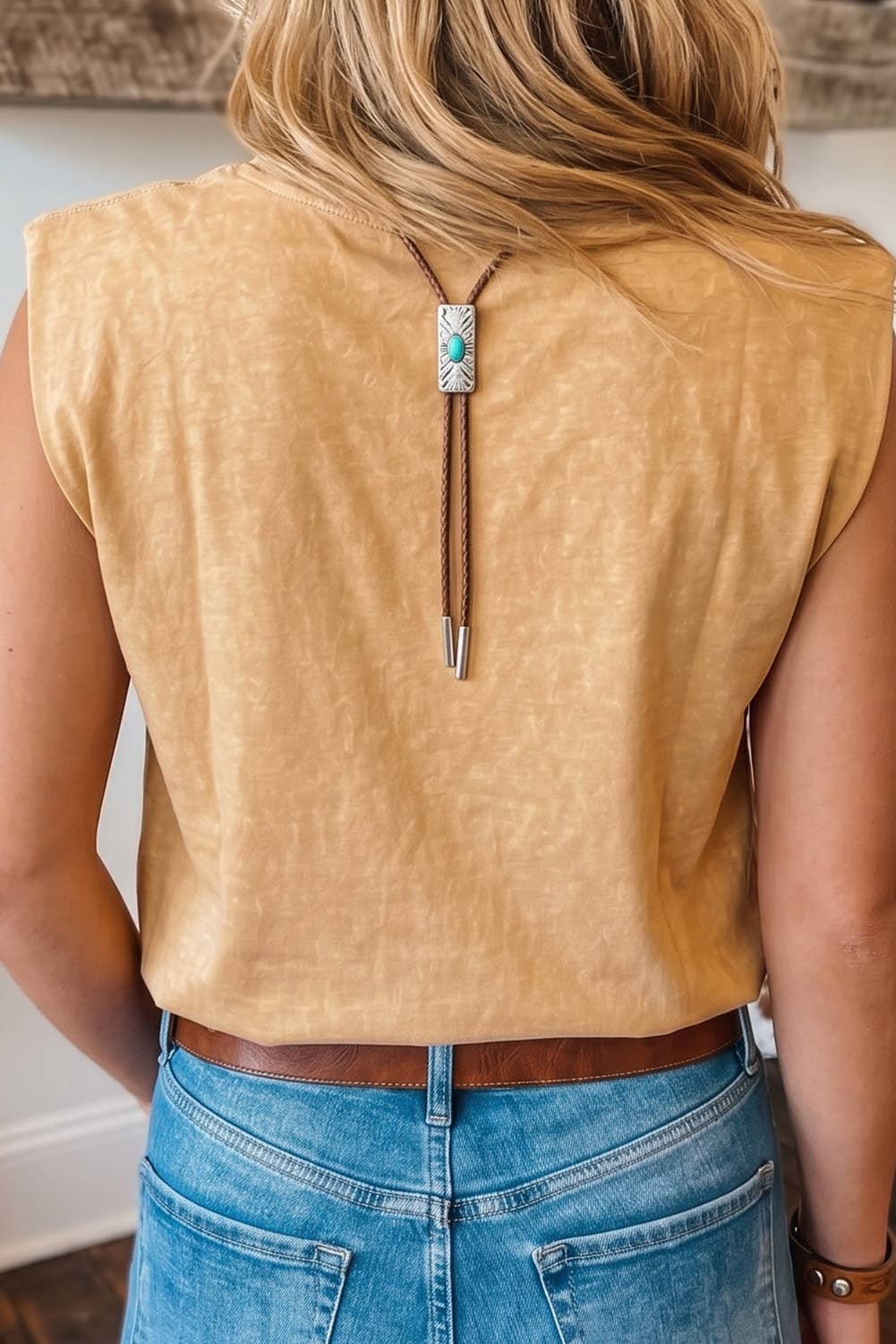 LDC Western Floral Print Sleeveless Round Neck Fit Top: Camel / XL