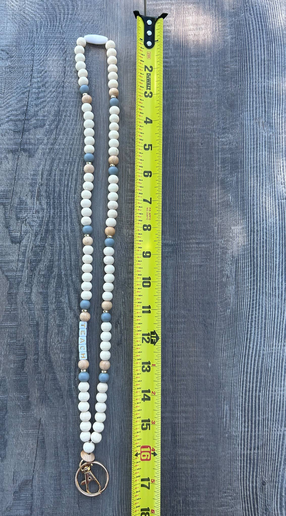 Teach Grey and Wood Beaded Lanyard with Breakaway Clasp JInk