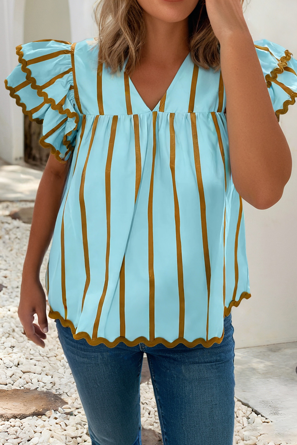 Ricrac Trim Double Ruffled Short Sleeve V Neck Stripe Blouse: Sky Blue Stripe LDC