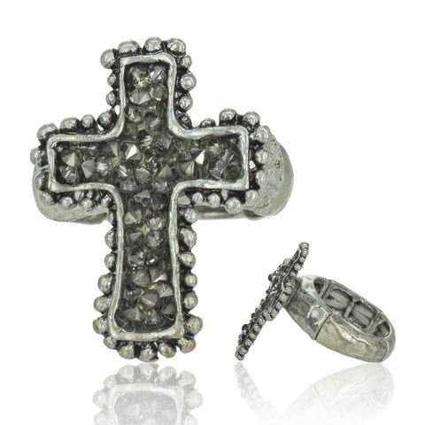 Cross with Stone, Hammered Stretch Ring: Burnish Silver or Black Diamond Susie Q