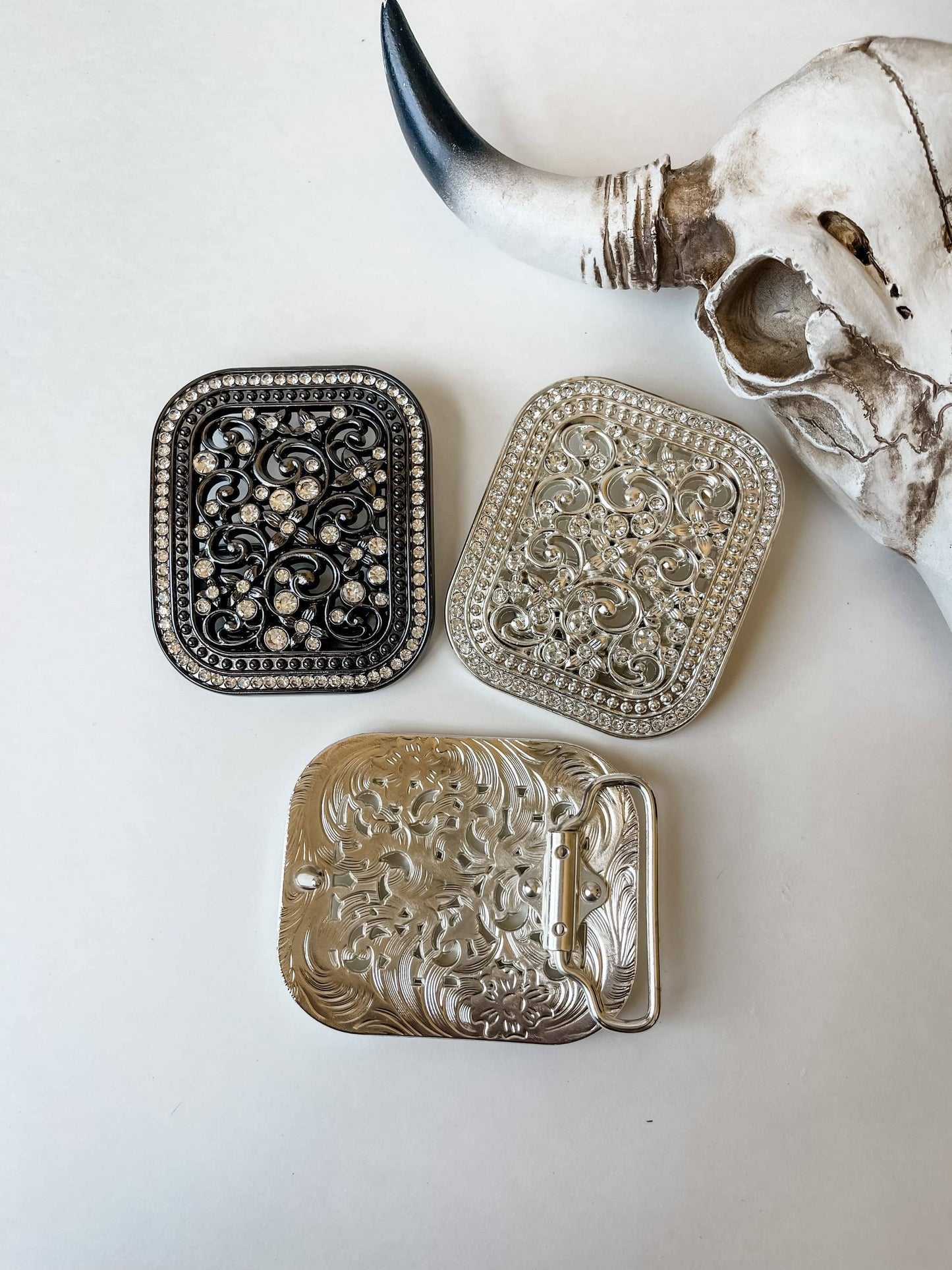 Rhinestone Belt Buckle Bling - SMALL - Western Belt Buckle: Silver Boho Ranch