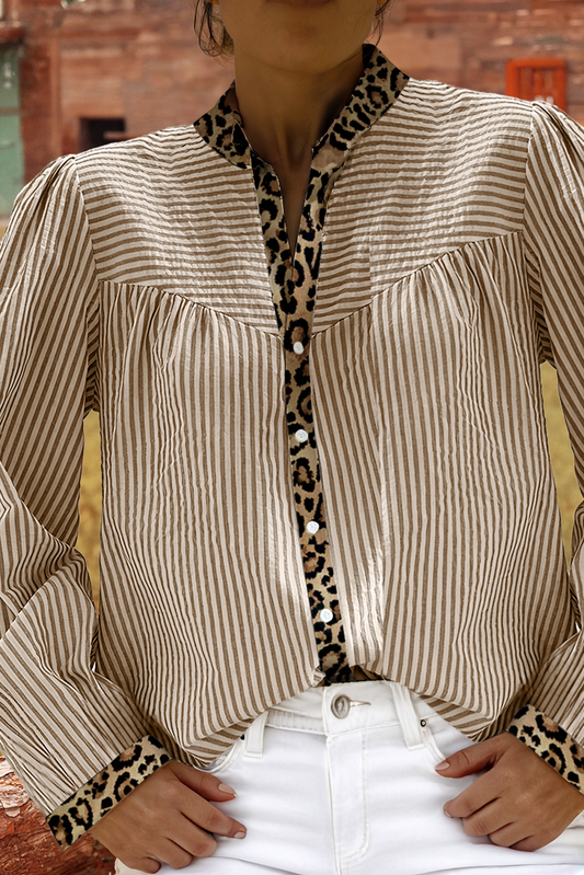 Western Stripe Leopard Patchwork Long Sleeve Shirt: Brown Stripe fashionw