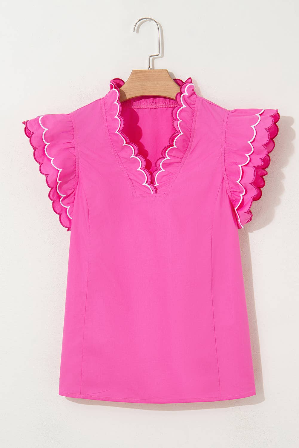 Bright Pink Color-block Scallop Trim Layered Short Sleeve Blouse: LDC