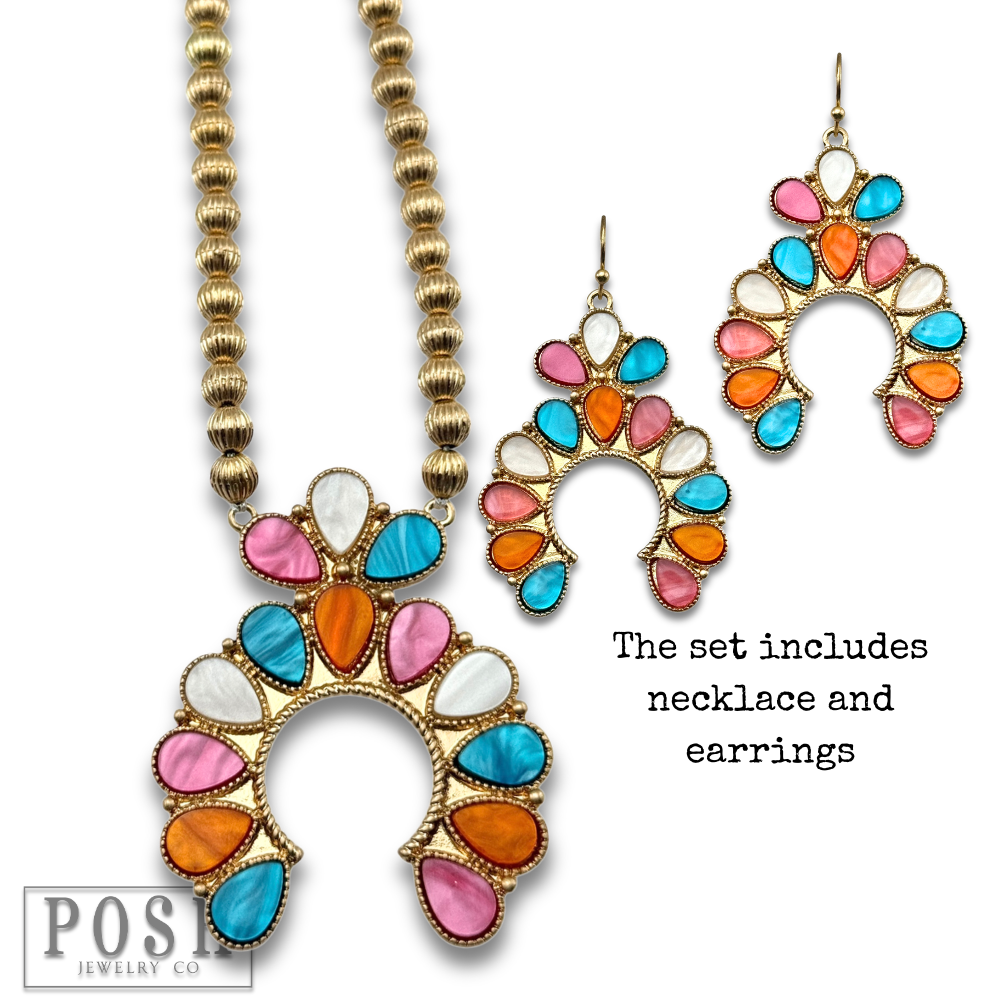 Mother of pearl look squash blossom necklace set: White