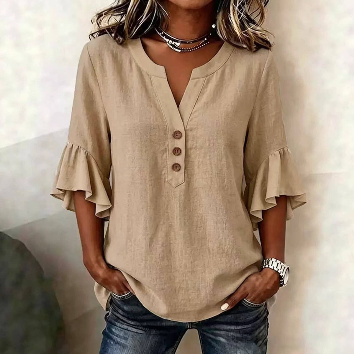 Cotton Linen Blouse V Neck Ruffle Sleeve Women's Top: Pink / 95%polyester+5%Elastane / M