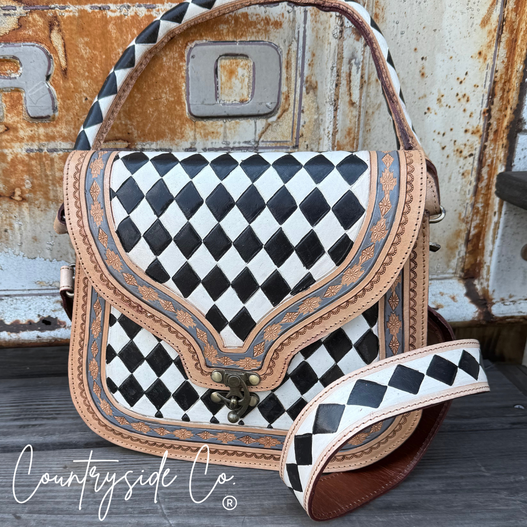 Zadie Tooled Leather Checkered Handbag, Hand Painted Texas Western