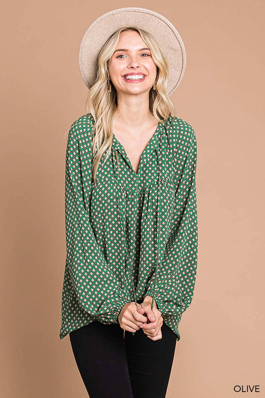 Boho Tile Print Bubble Sleeve Women's Blouse cotton blue