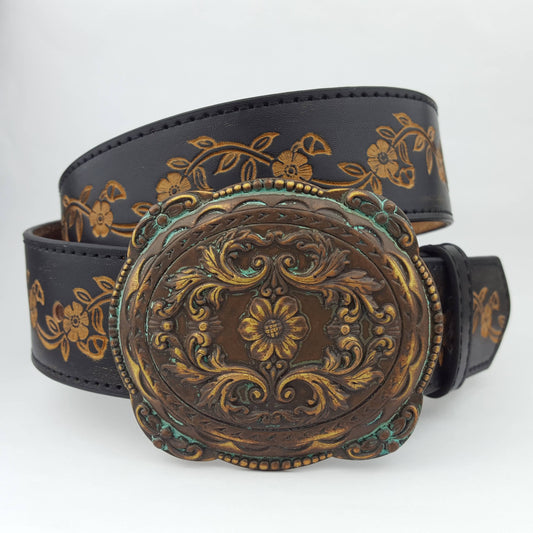 Western Brass/Patina Buckle with Vintage floral tooled belt: Black Axesoria