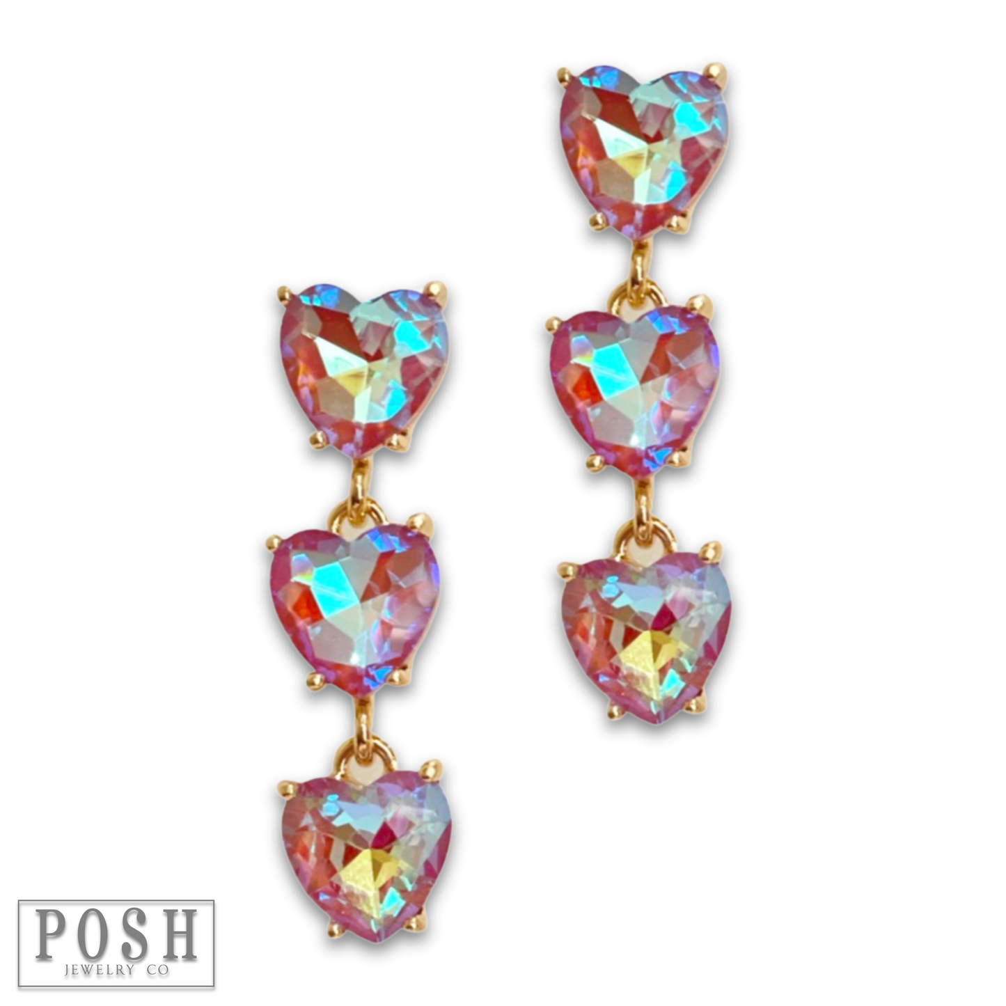 Triple heart rhinestone earring: Pink Iridescent PP