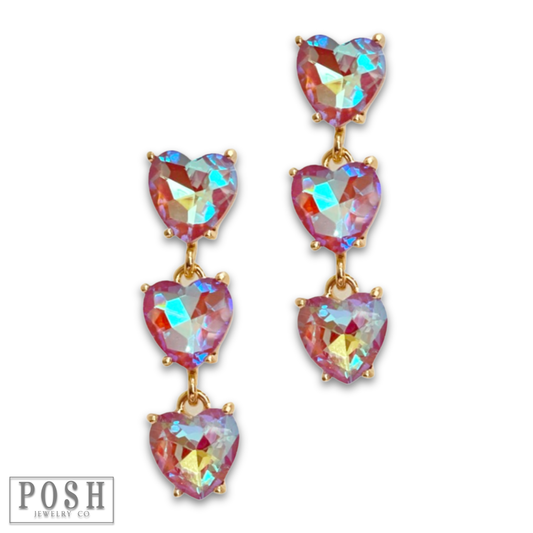 Triple heart rhinestone earring: Pink Iridescent PP