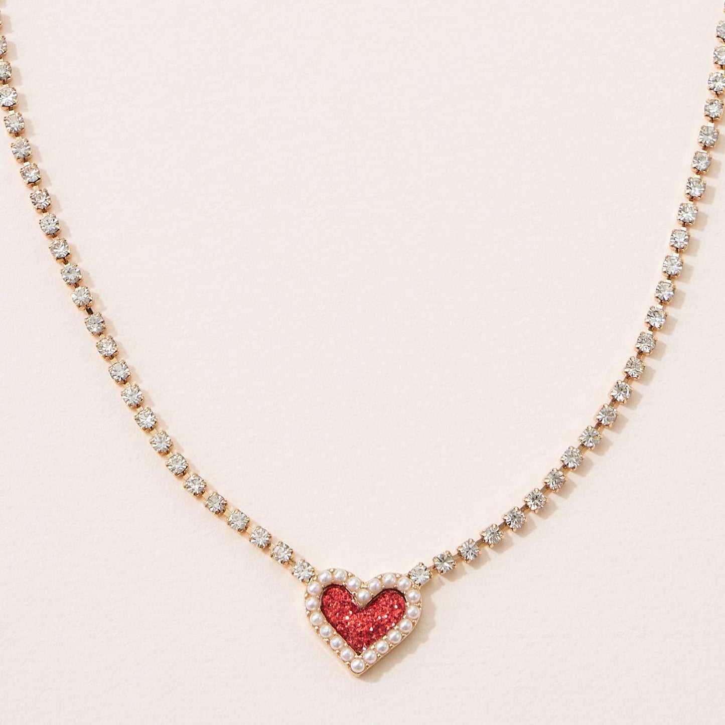 Heart Pendant Necklace with Clear Stone Line for Valentine's Day: Pink