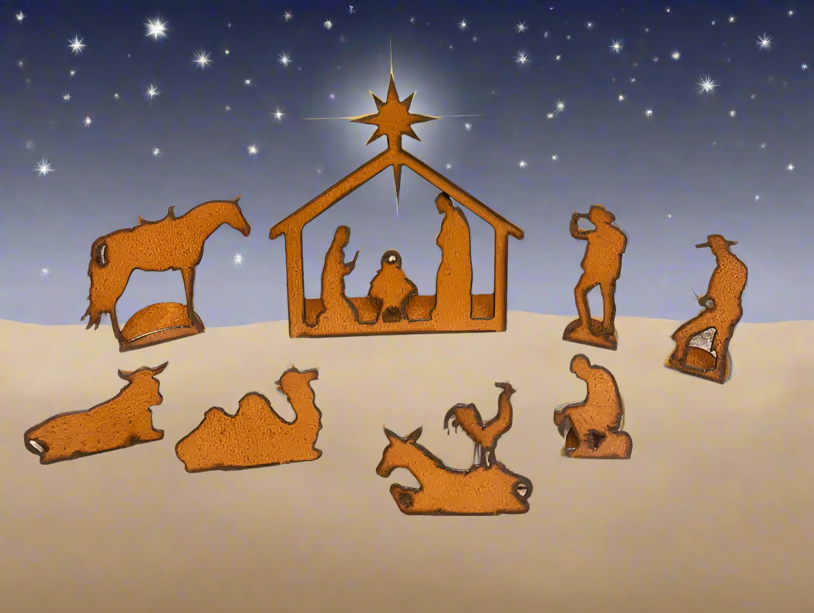 WESTERN Nativity LARGE Size 8 Piece Scene Christmas Holiday Ironwork