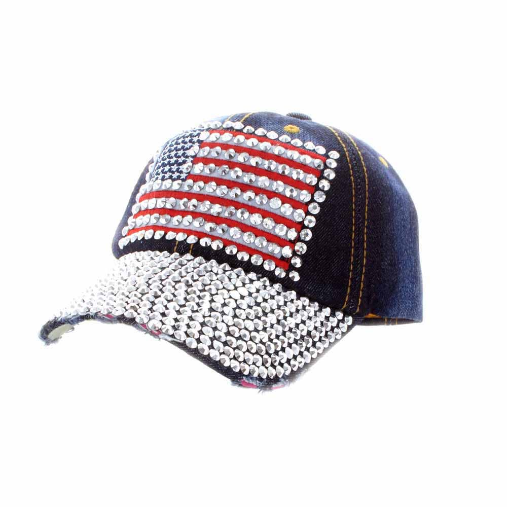 Rhinestone Embellished American Flag Denim Baseball Cap: