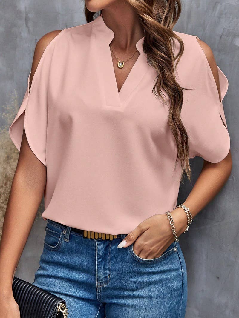 V-NECK STYLISH SLEEVED WOMEN'S BLOUSE: RED Lily Clothing
