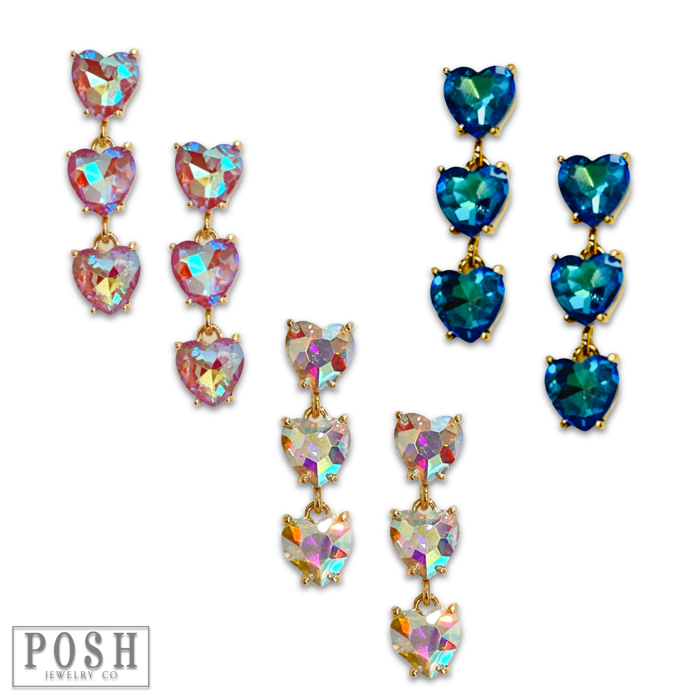 Triple heart rhinestone earring: Pink Iridescent PP
