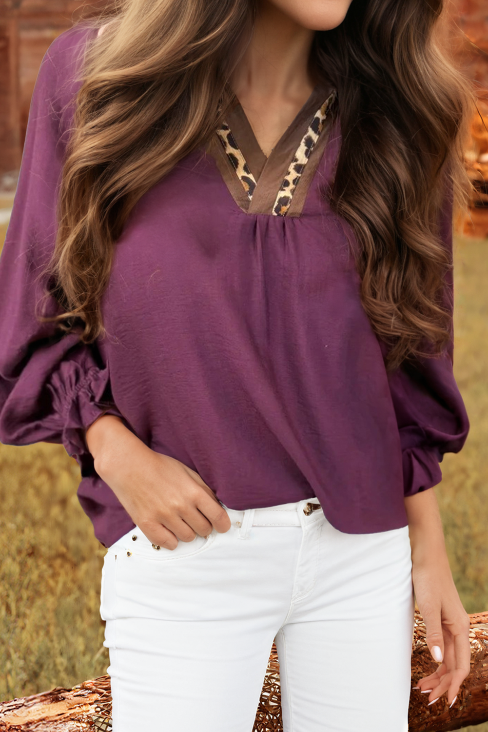 Leopard Trim Notch Neck Flounced Bracelet Sleeve Blouse: Blue Fashionw