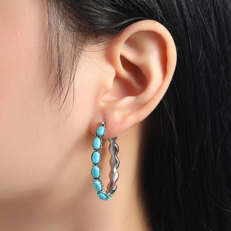 WESTERN TURQ STONE HOOP EARRINGS | 40E437: ROUND