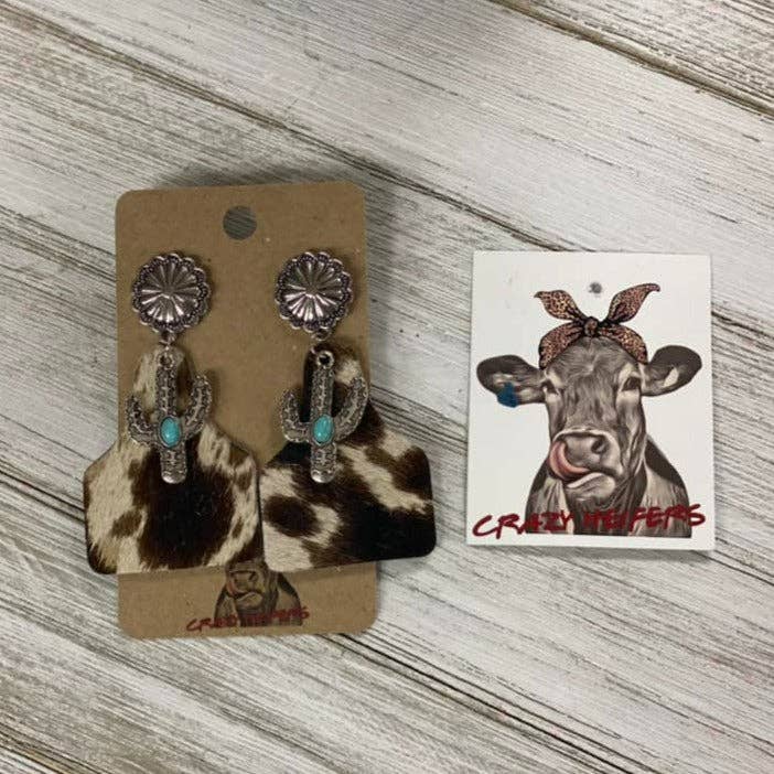 Cow Tag Earrings W/ Cactus Charms: BROWN COW Crazy Heifer